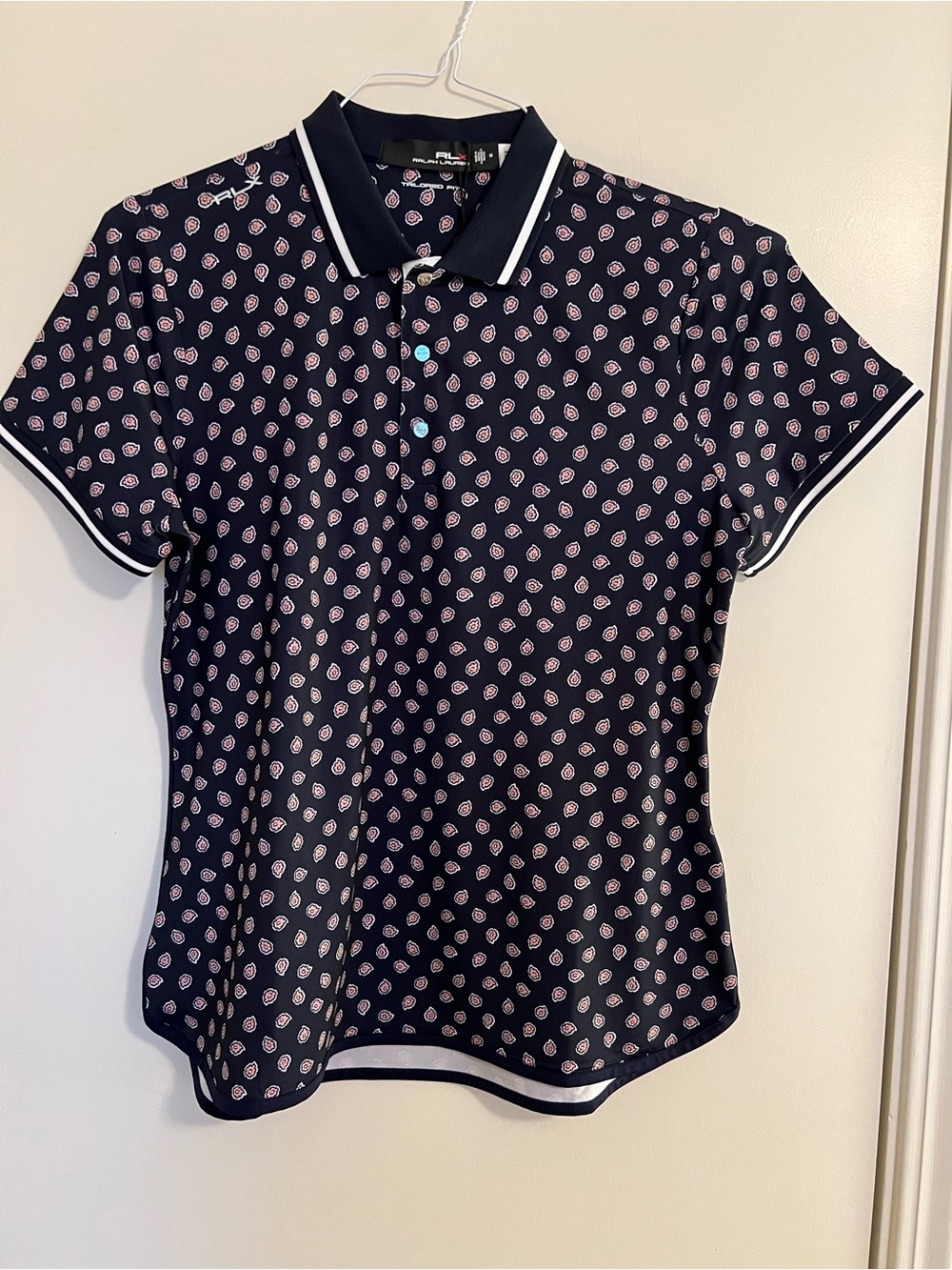 NWT Ralph Lauren RLX navy printed short sleeve polo, size M.